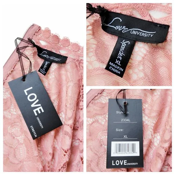 Love University Crop Top Blush Rose Sheer Lace Bell Sleeve Mock Neck Zip Back - Picture 10 of 12